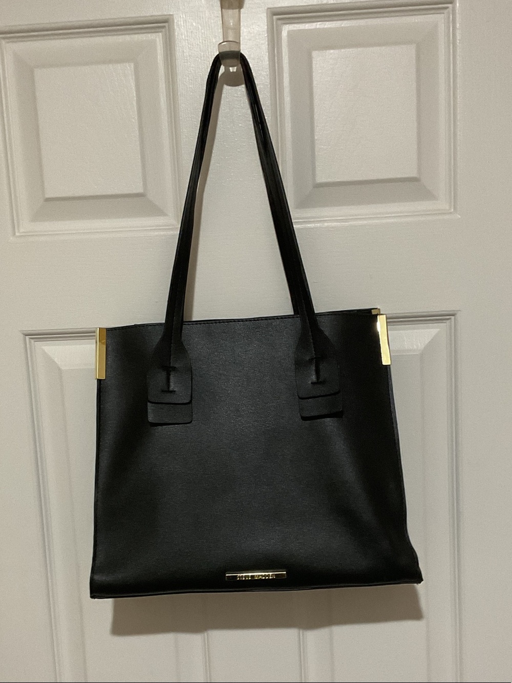 STEVE MADDEN Classic Black Structured Tote Bag with Gold Accents